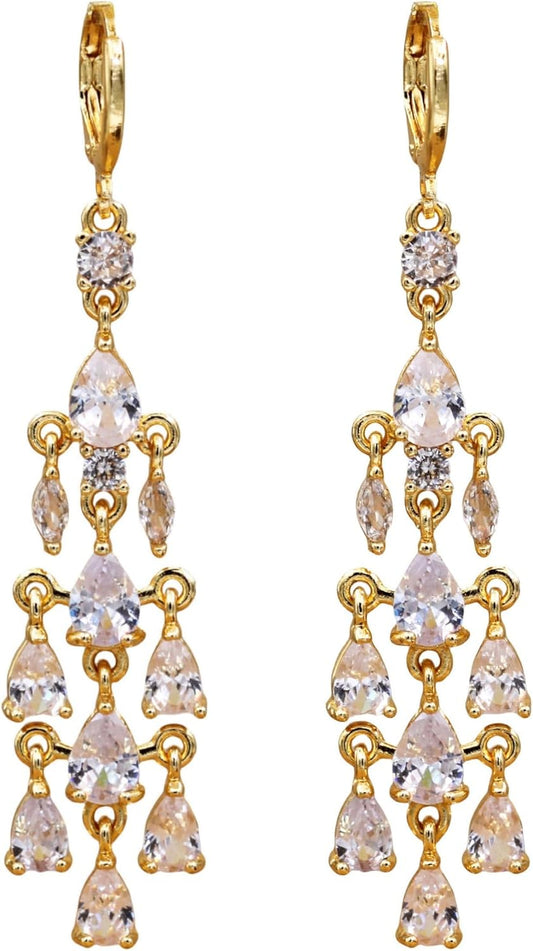 Vuskdtei18K Gold Plated Flower Dangle Earrings for Women, Hypoallergenic Cubic Zirconia Earrings, Elegant Chandelier Drop Earrings