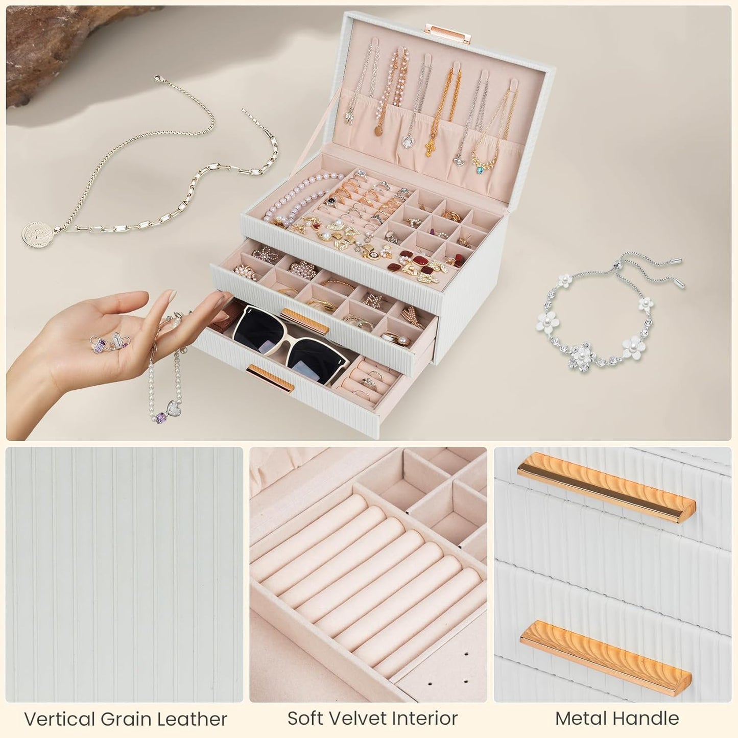 Jewelry Box Organizer with 2 Drawers, 3-Tier Large Jewelry Holder Organizer Box