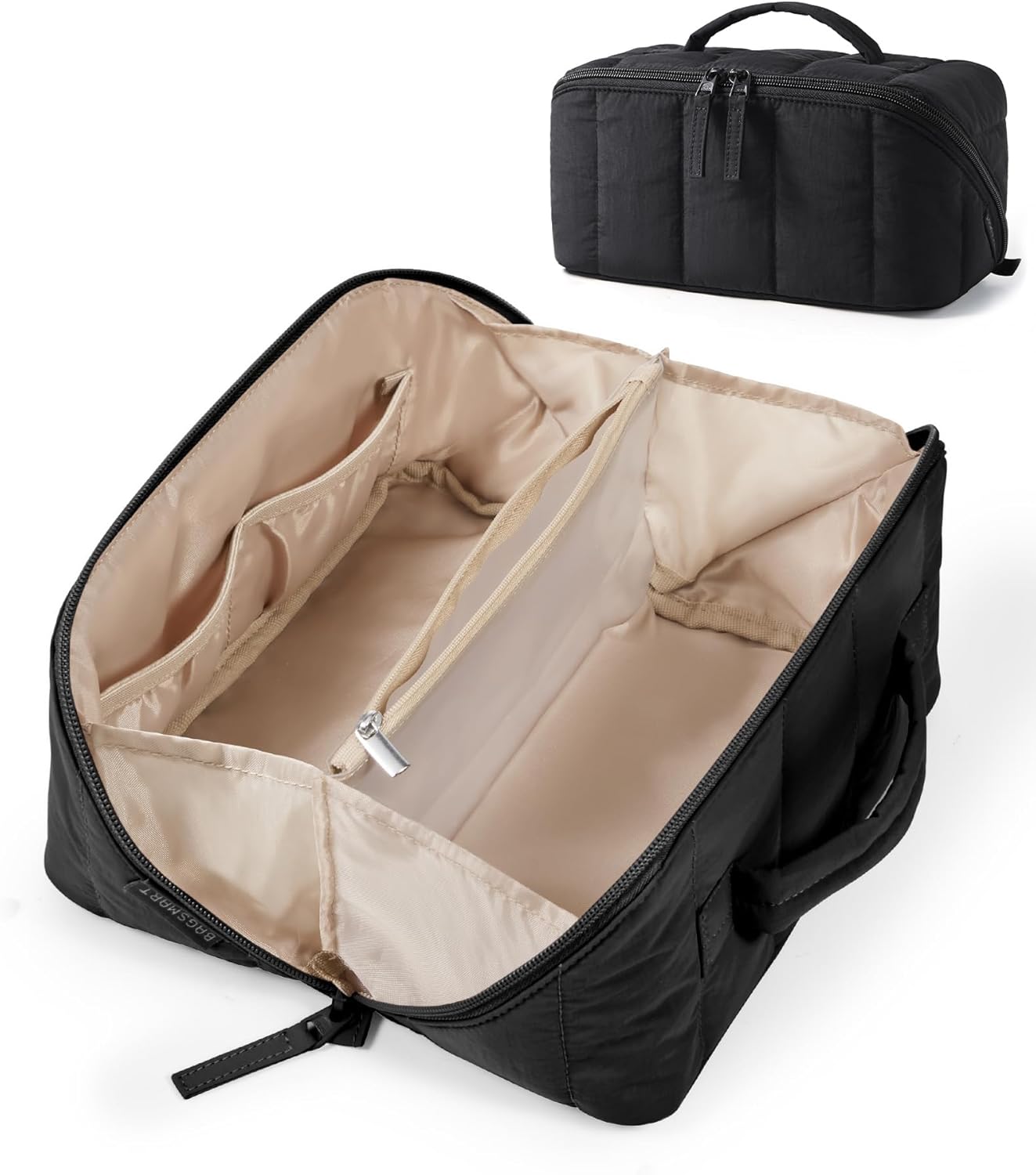 Travel Makeup Bag for Women, Portable Water-resistant Cosmetic Case, Puffy Padded Make Up Organizer Pouch, Open Flat Toiletry Bag for Toiletries, Brushes, Pink