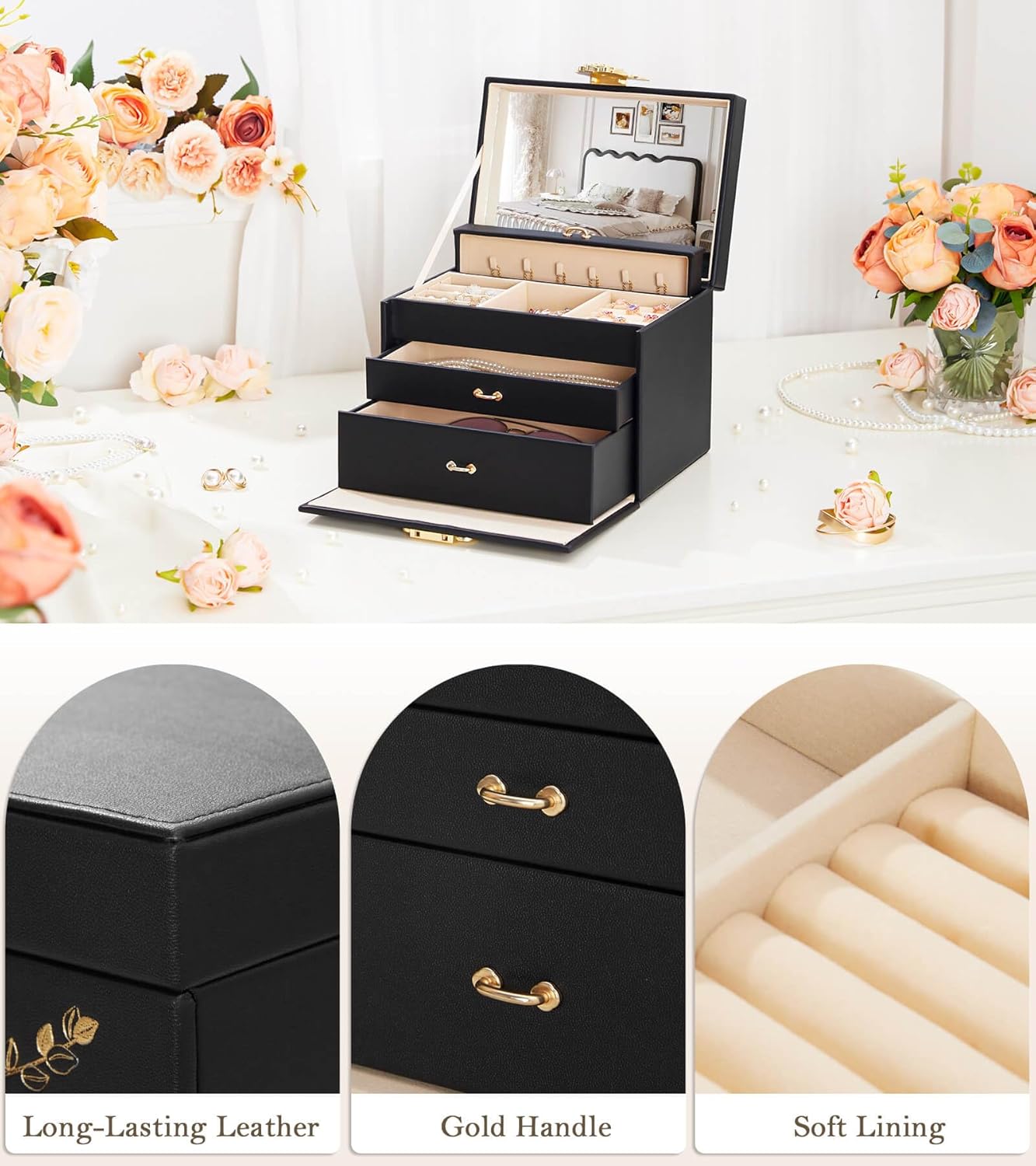 Jewelry Box with Lock: Jewelry Organizer for Dresser - 3-Drawer Earrings Storage