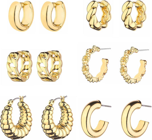 Chunky Hoop Earrings Set 14K Gold Hoop Earrings for Women Hypoallergenic, Thick Hoops Earring set, Twist Huggie Hoop Earring
