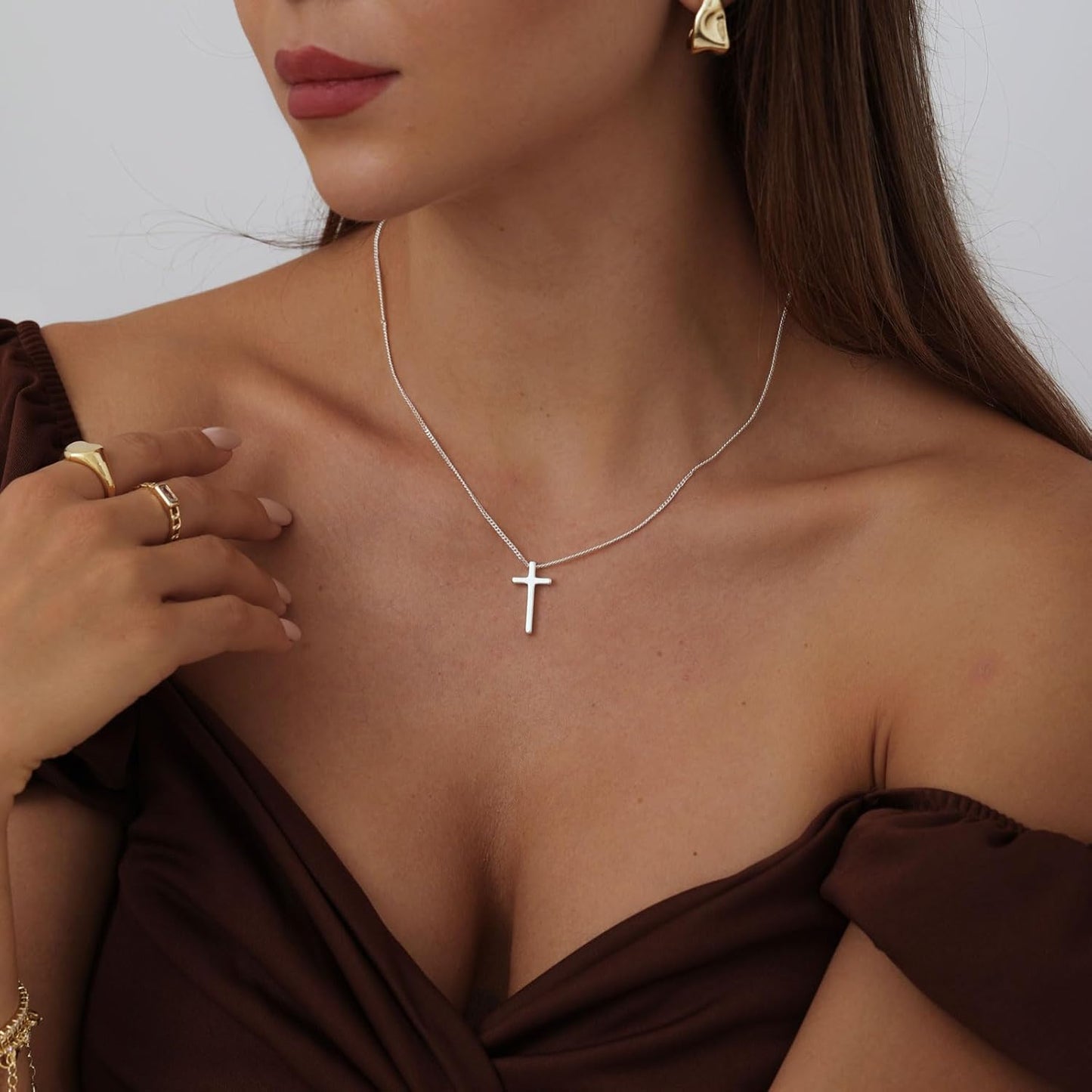 Ascoy Two-Tone Cross Necklace, 14K Gold & Silver Plated Minimalist Dainty Chain, Religious Gift & Everyday Jewelry for Women