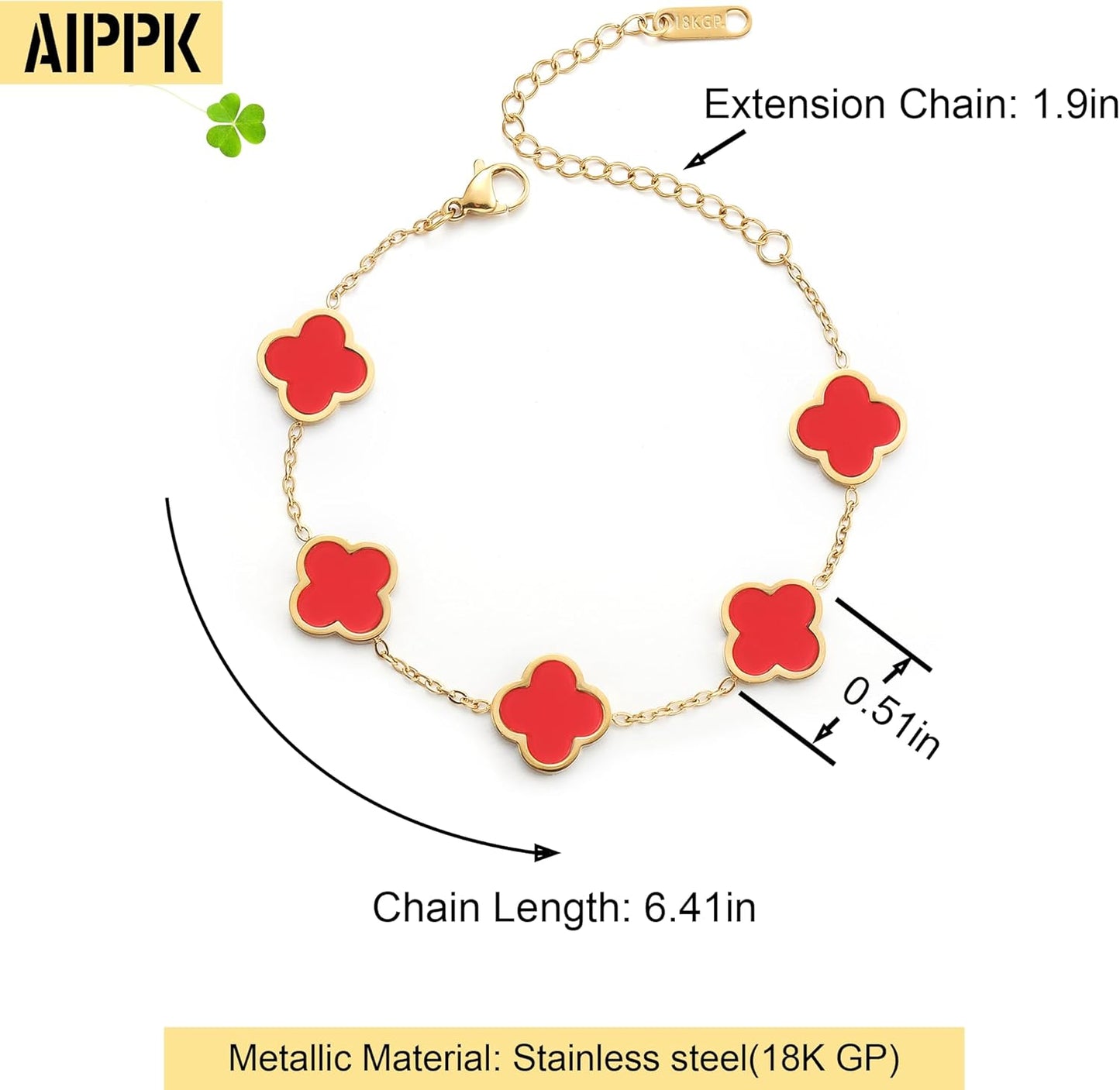 18K Gold Plated Clover Lucky Bracelet for Women White/Black/Red/Green Flower Four Leaf Link Bracelets