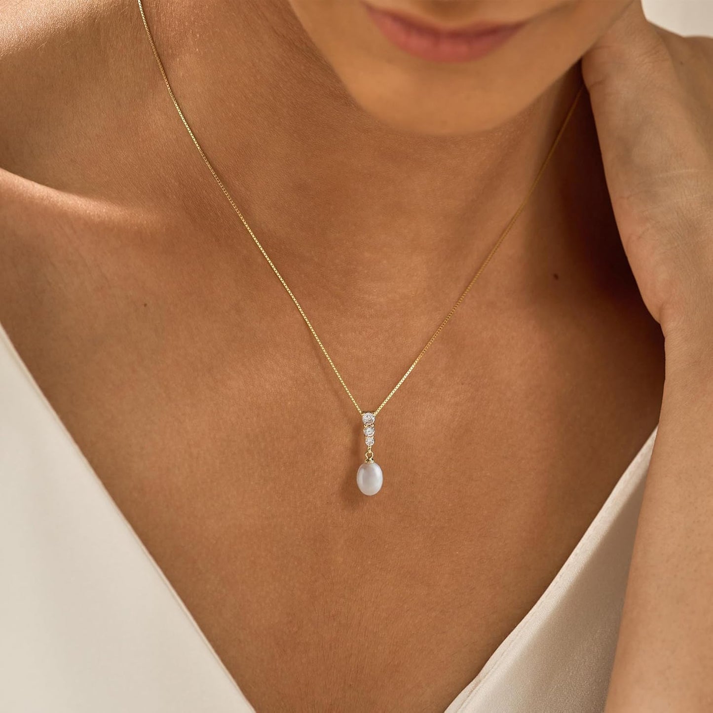 14K Gold Plated Bridal Necklace: Dainty Pearl & CZ Pendant, Classic Wedding Gift for Women
