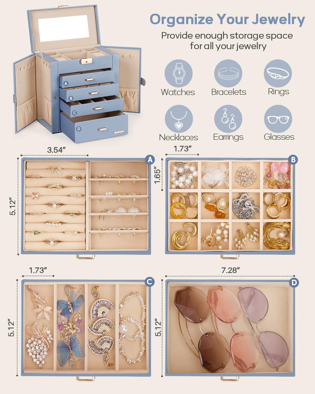 Synthetic Leather Huge Jewelry Box Mirrored Watch Organizer Necklace Ring Earring Storage Lockable