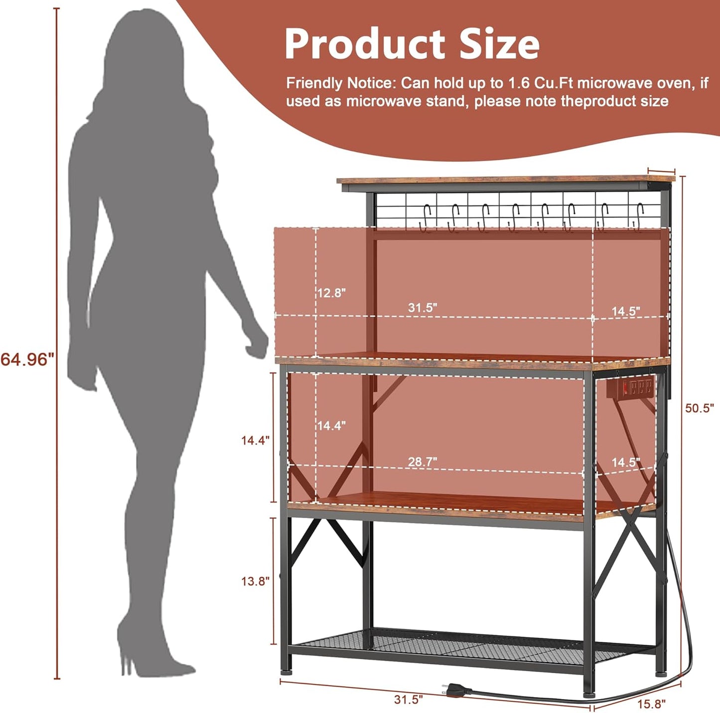 Coffee Bar Station with a 31.5 Inch Larger Desktop and 8 S Hooks,Kitchen Microwave Rack for Spices,Pots