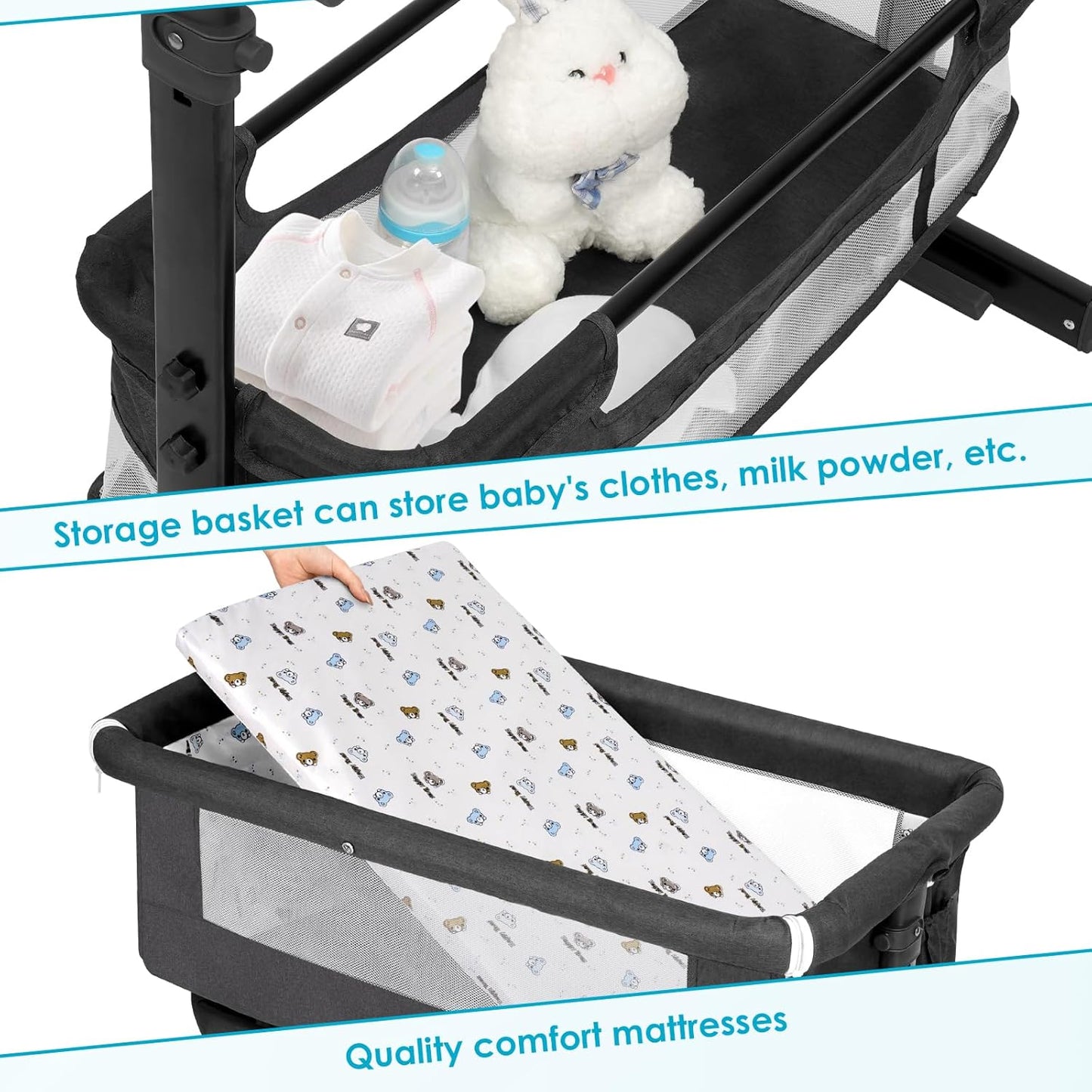 Bassinet,  Basinet Bedside Sleeper, Easy to Fold Portable Crib Side Bassinet  (Dark Gray)