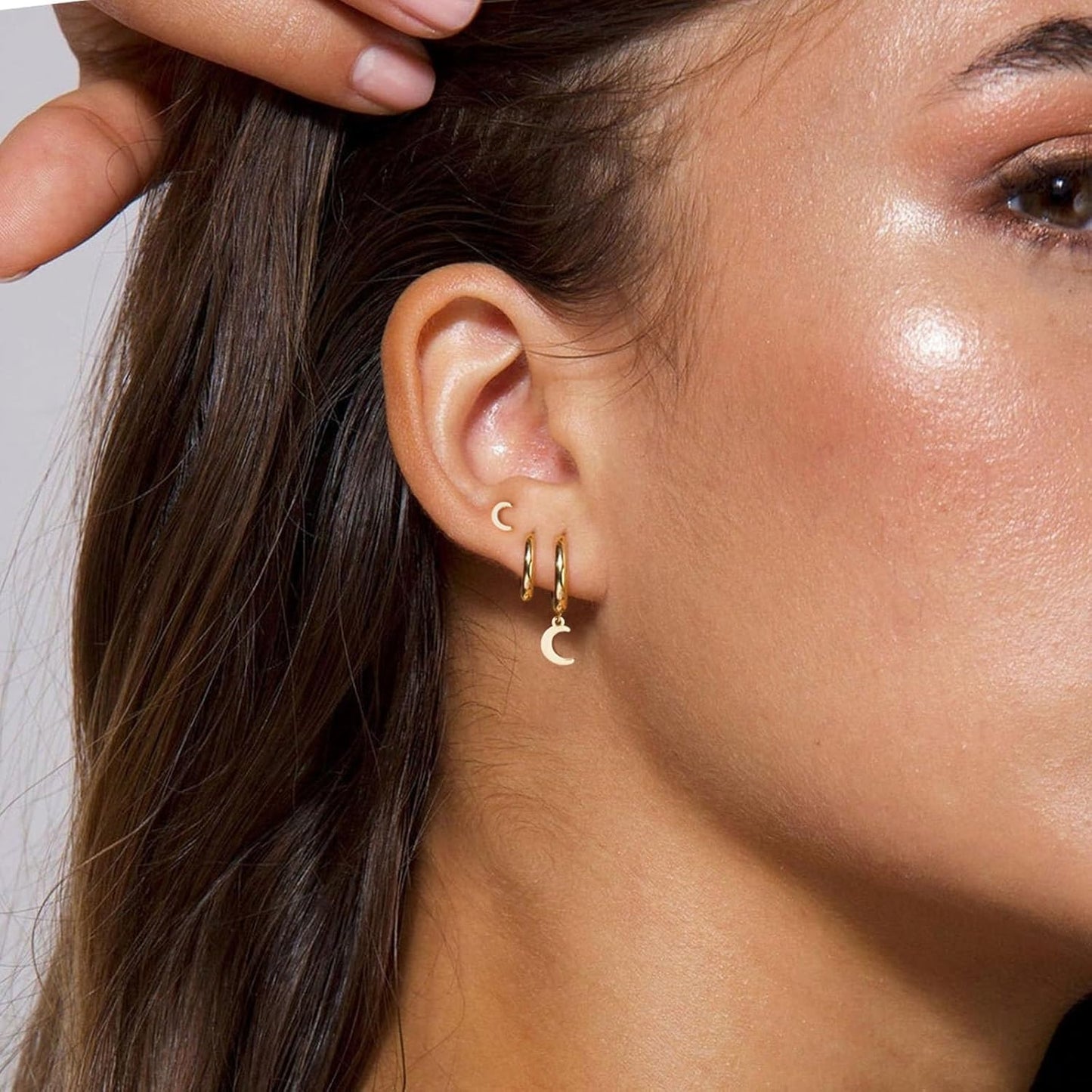 3 Pairs Small Gold Hoop Earring, 14K Gold Plated Earring Stacks Butterfly Heart Star Moon Bow Four Leaf Rhombus Round CZ Pearl