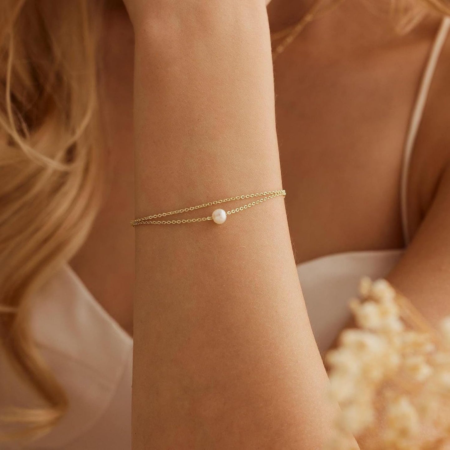 Gold Bracelets for Women Trendy, 14K Real Gold Plated Dainty Stackable Pearl Snake Chain CZ Heart Pendant Bracelets Adjustable 6"+2"