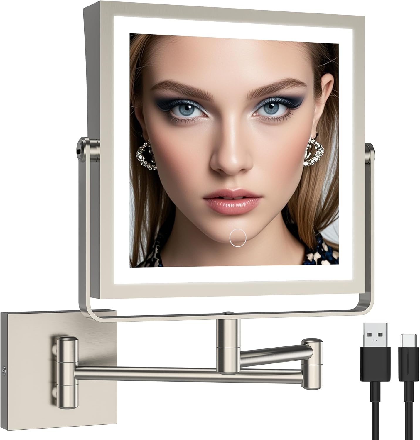 Rechargeable Wall Mounted Makeup Mirror Touch Screen Dimmable, 360° Rotation Extension Foldable Arm