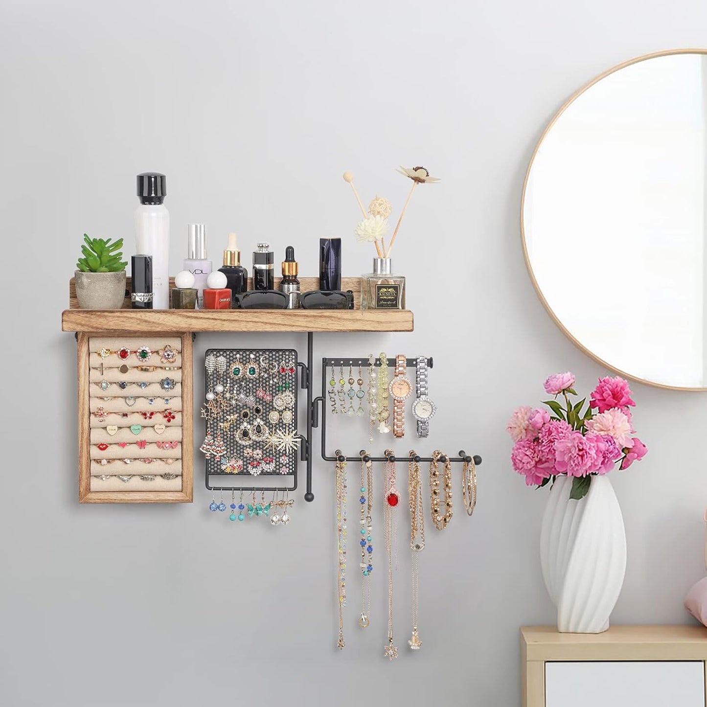 Hanging Jewelry Organizer Wall Mount with Rustic Wood Shelf, Ring Display Box, Rotating Necklace Holder Organizer