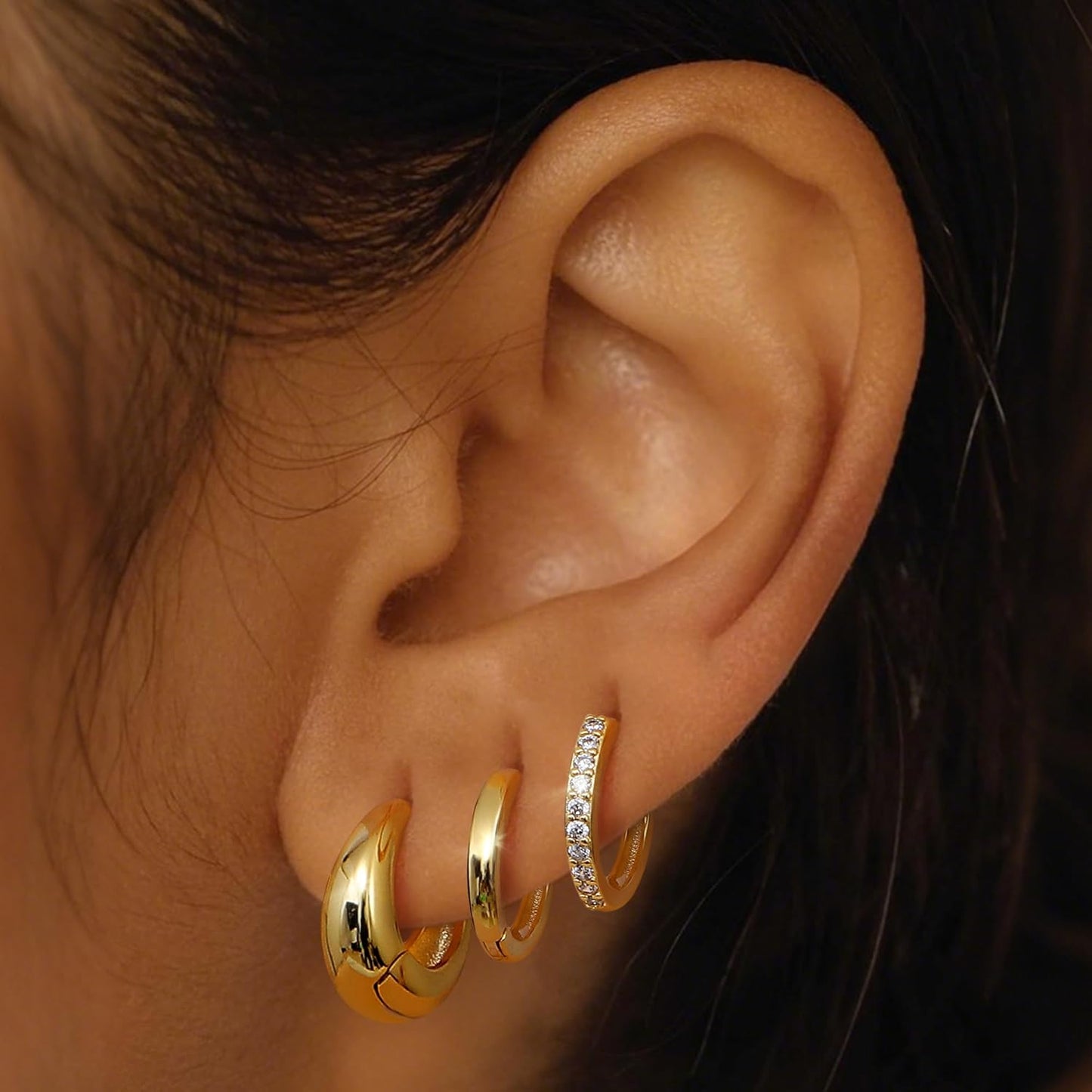 3Pairs 925 Sterling Silver, 14K Gold Plated Small Huggie Hoop Earrings Sets for Multiple Piercing CZ Cartilage Earrings Stacks