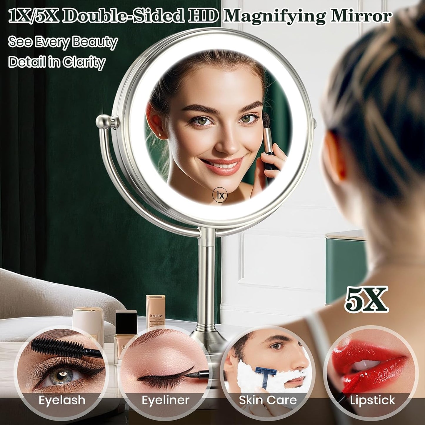 11.8" Extra Large 17" Tall Lighted Makeup Mirror, 1X/5X/10X 3-Sided , 3 Color 360° Swivel Dual Power Vanity Mirror