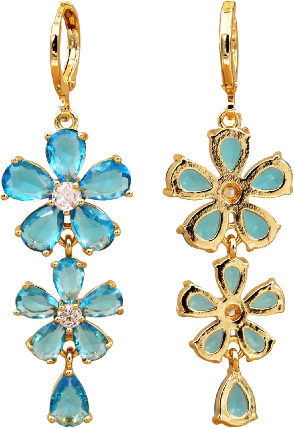 Vuskdtei18K Gold Plated Flower Dangle Earrings for Women, Hypoallergenic Cubic Zirconia Earrings, Elegant Chandelier Drop Earrings