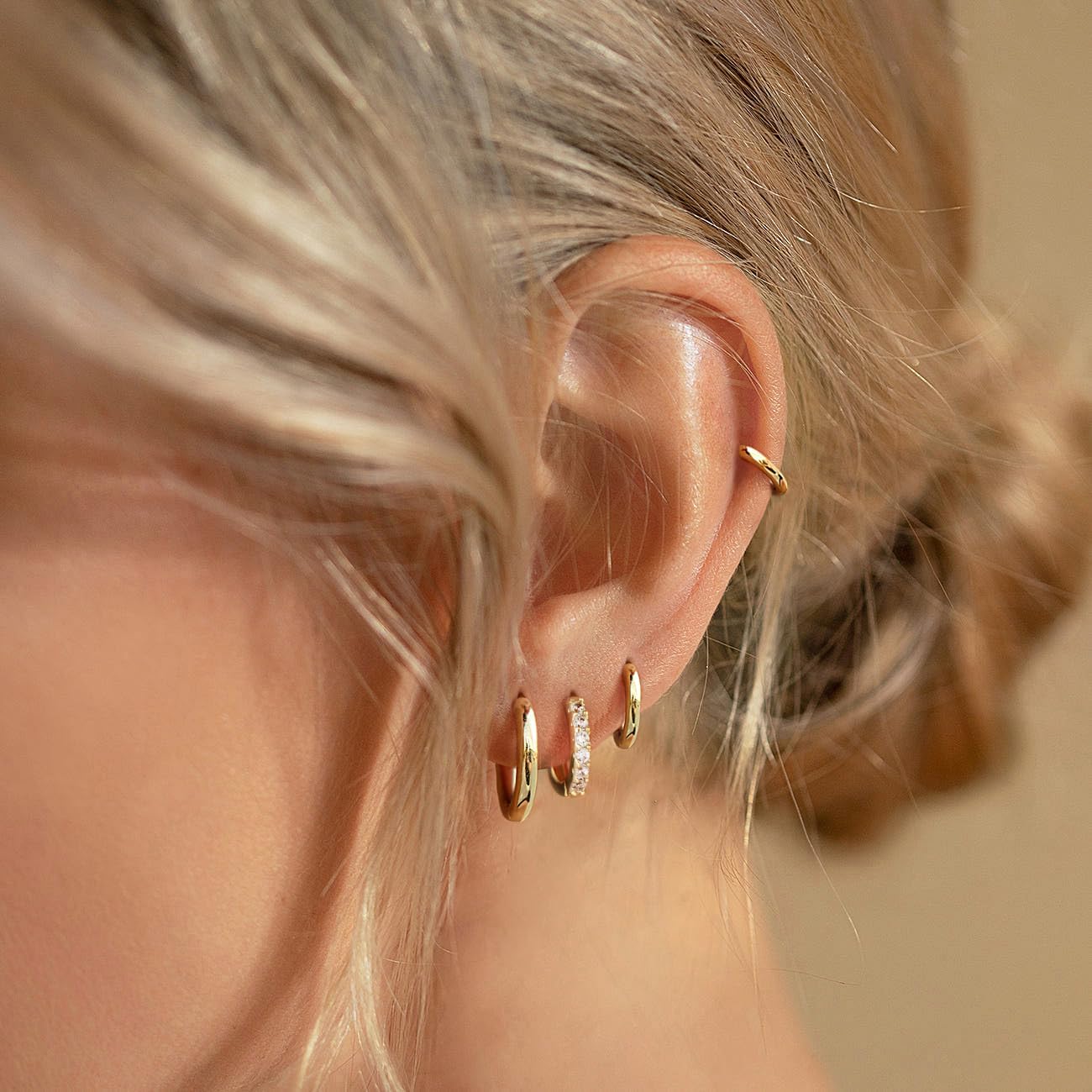 Small Gold Huggie Hoop Earrings Set for Women Men Hypoallergenic 14K Plated Stack Cartilage Earrings, Multiple Piercing
