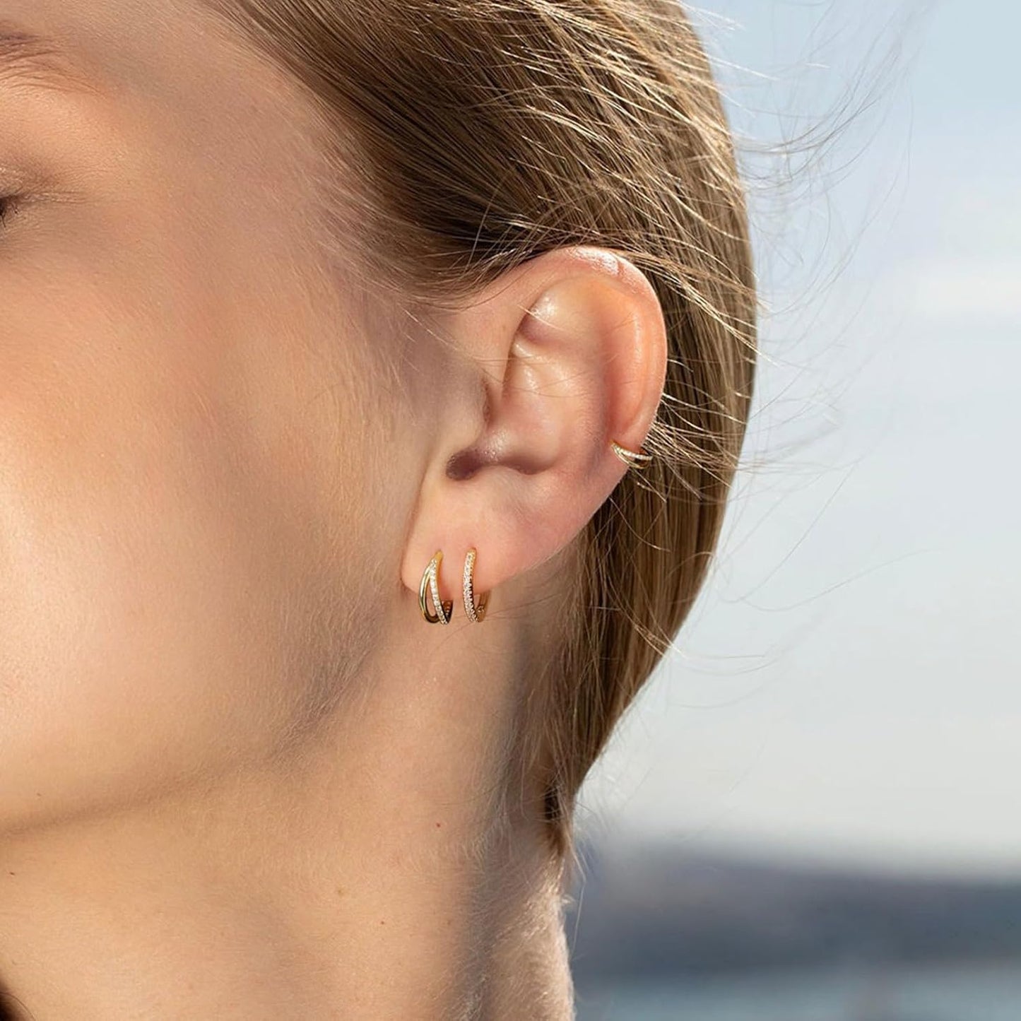3 Pairs Small Gold Hoop Earring, 14K Gold Plated Earring Stacks Butterfly Heart Star Moon Bow Four Leaf Rhombus Round CZ Pearl