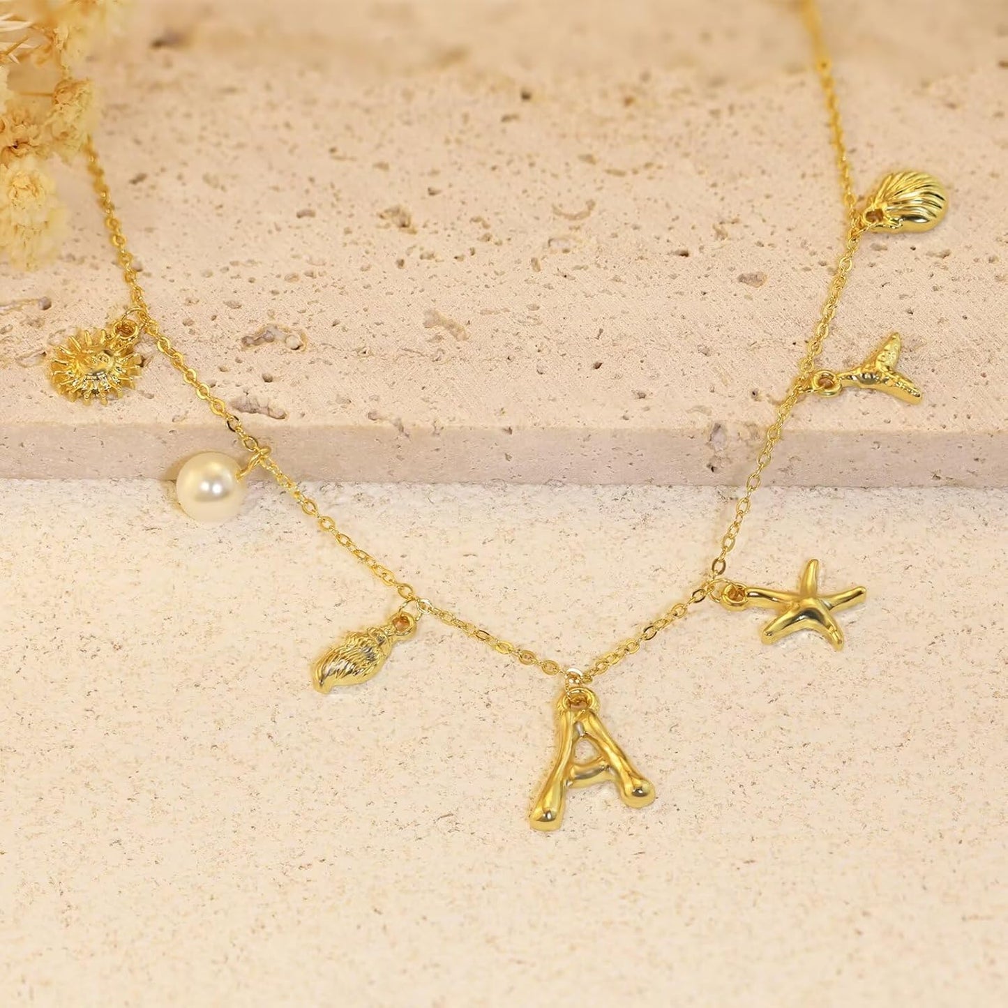Summer Beach Necklace - 14K Gold Shell Initial Pendant Boho Jewelry