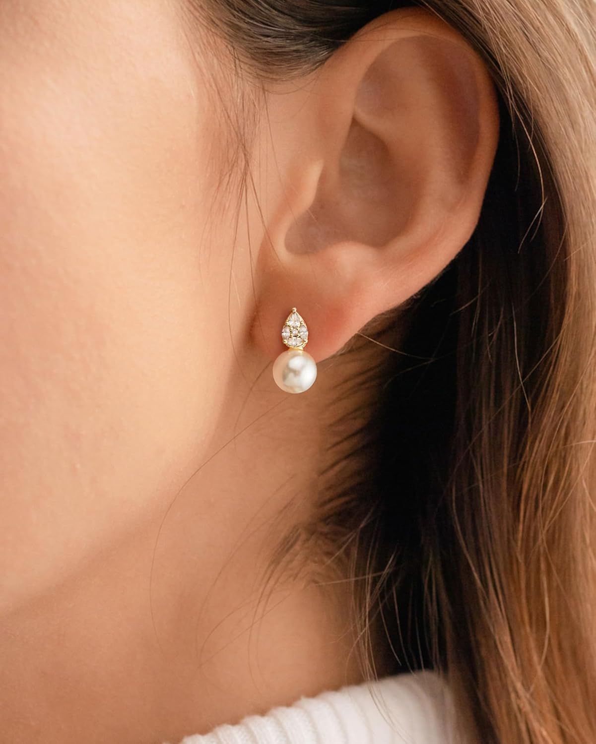 Pearl Earrings: 14k Gold-plated Cubic Zirconia Accented Pearl Drop Dangle Wedding Engagement Earrings For Women Bridal Bridesmaid