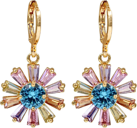 Vuskdtei18K Gold Plated Flower Dangle Earrings for Women, Hypoallergenic Cubic Zirconia Earrings, Elegant Chandelier Drop Earrings