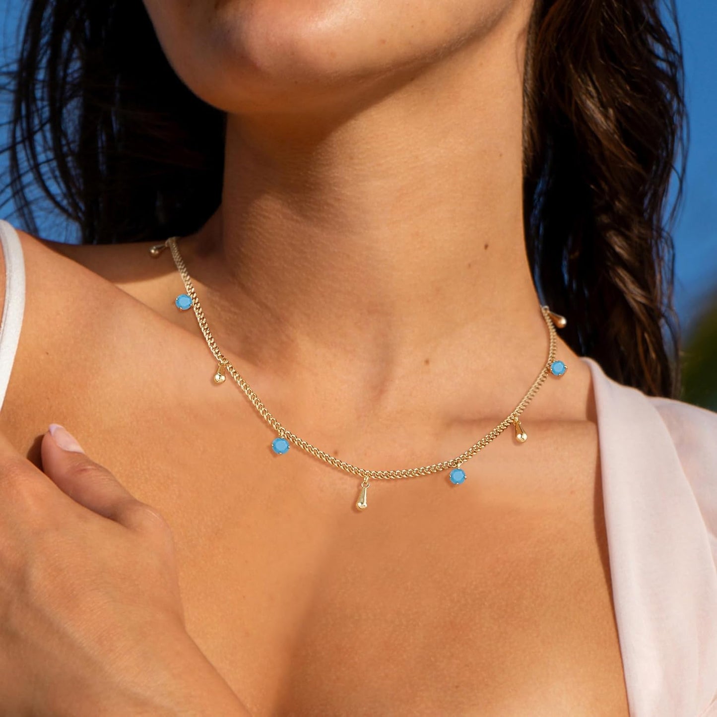 14K Gold Plated Tassel Drop White/Turquoise/Purple/Rose CZ Beads Charm Choker Necklace for Women Trendy Jewelry