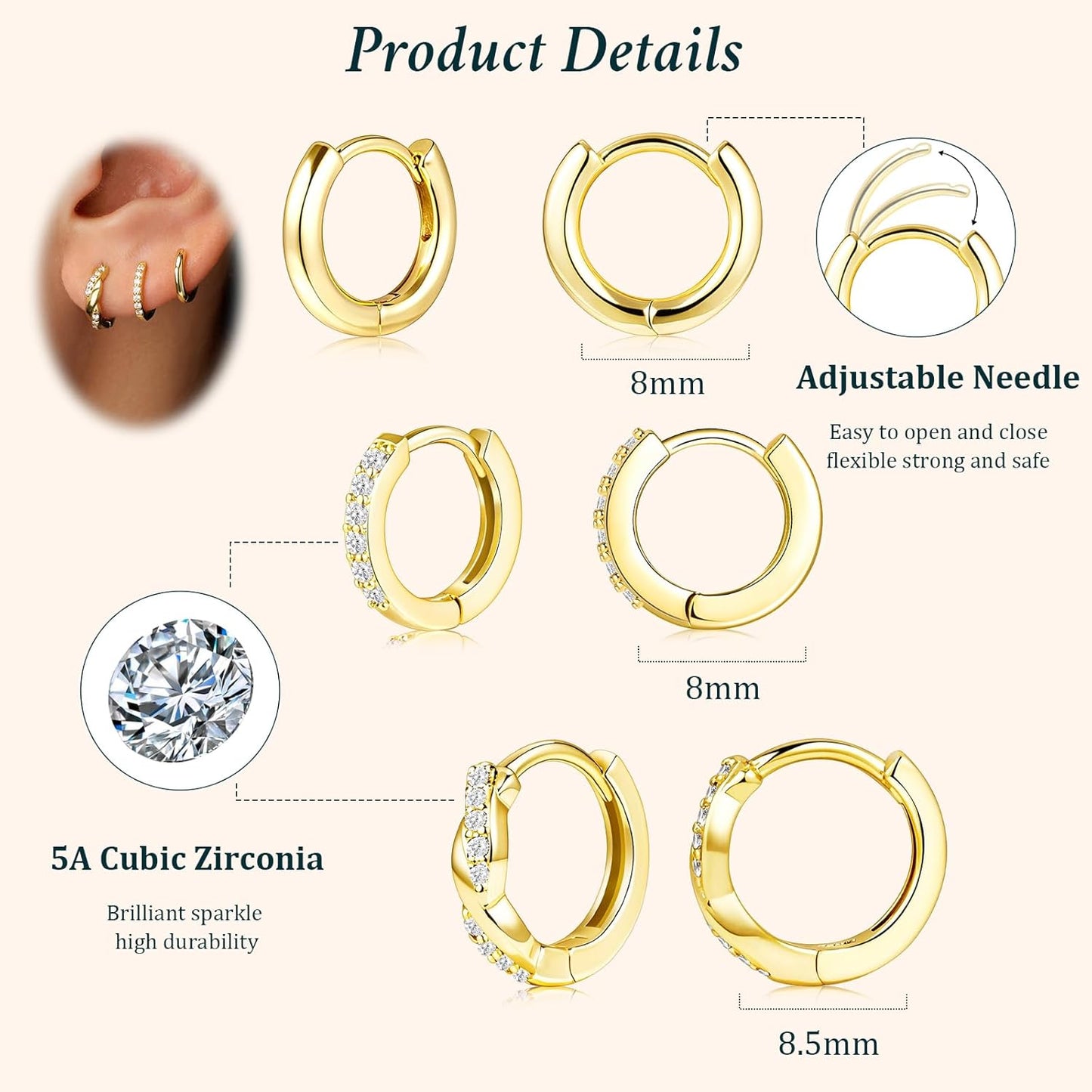 Small Sterling Silver Huggie Hoop Earrings Set for Women, 14K Gold Plated Hoops Stacks for Multiple Piercings