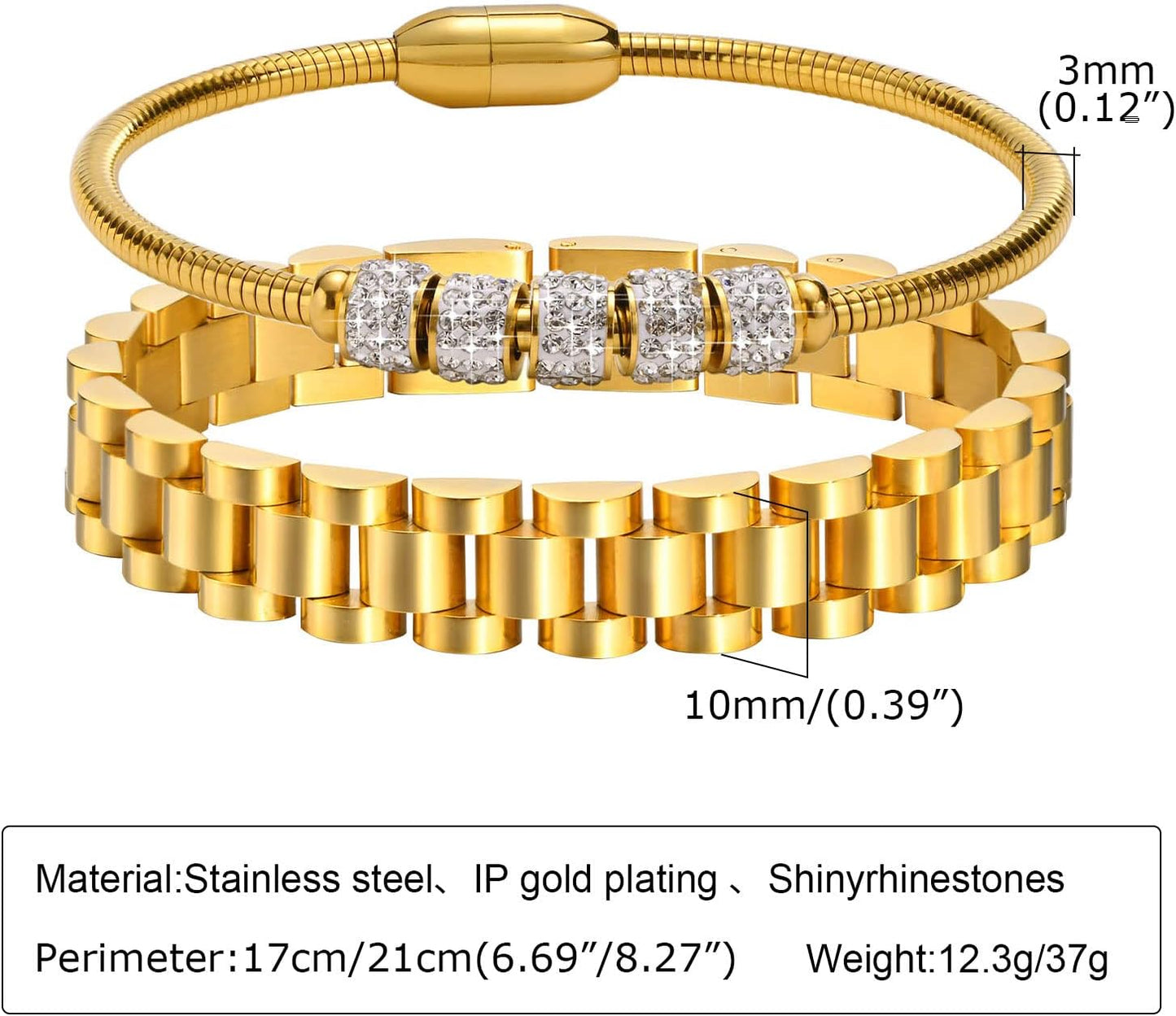 2pcs Gold Chain Link Bracelet, Stainless Steel Crystal Friendship Bracelets Bangle,Watch Band Chains Wristband