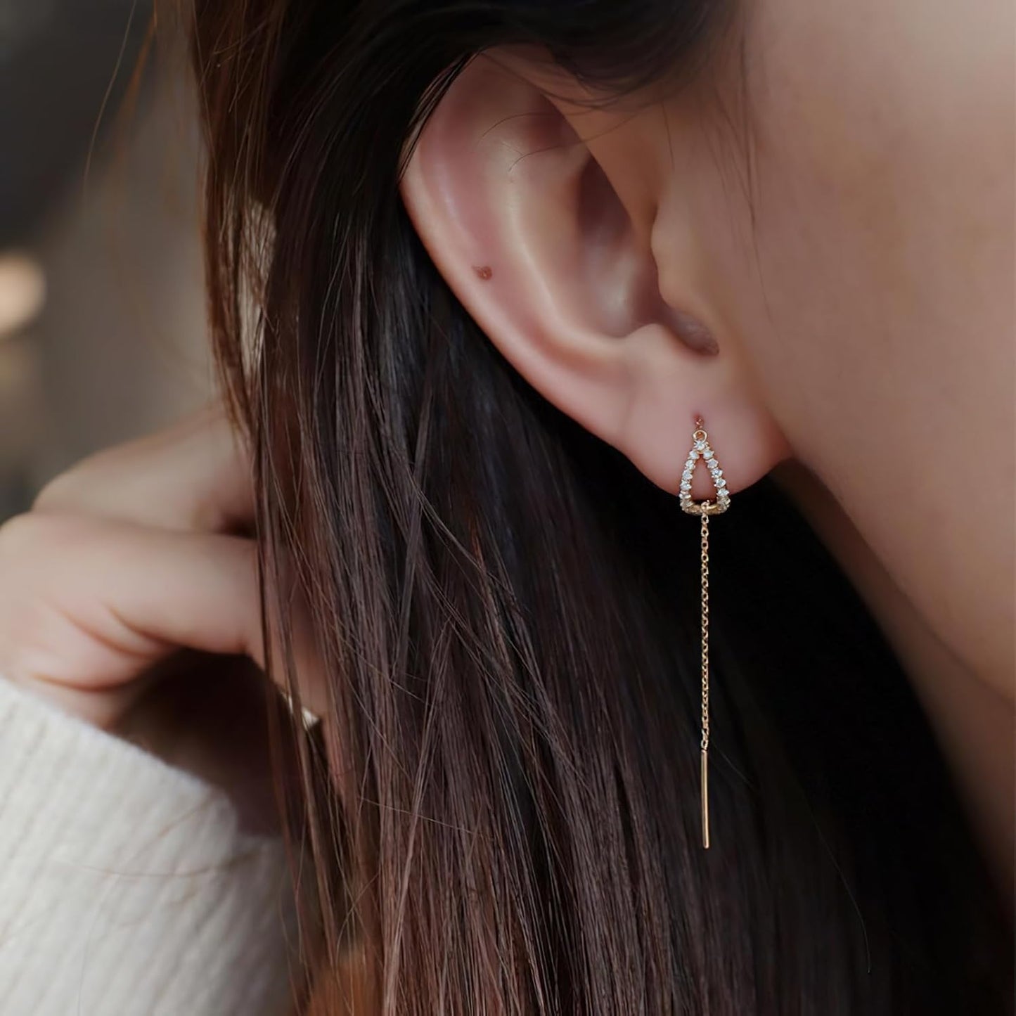 S925 Sterling Silver Threader Earrings for Women Dainty Long Chain Ear Line with Cubic Zirconia Elegant Dangle Tassel Earrings