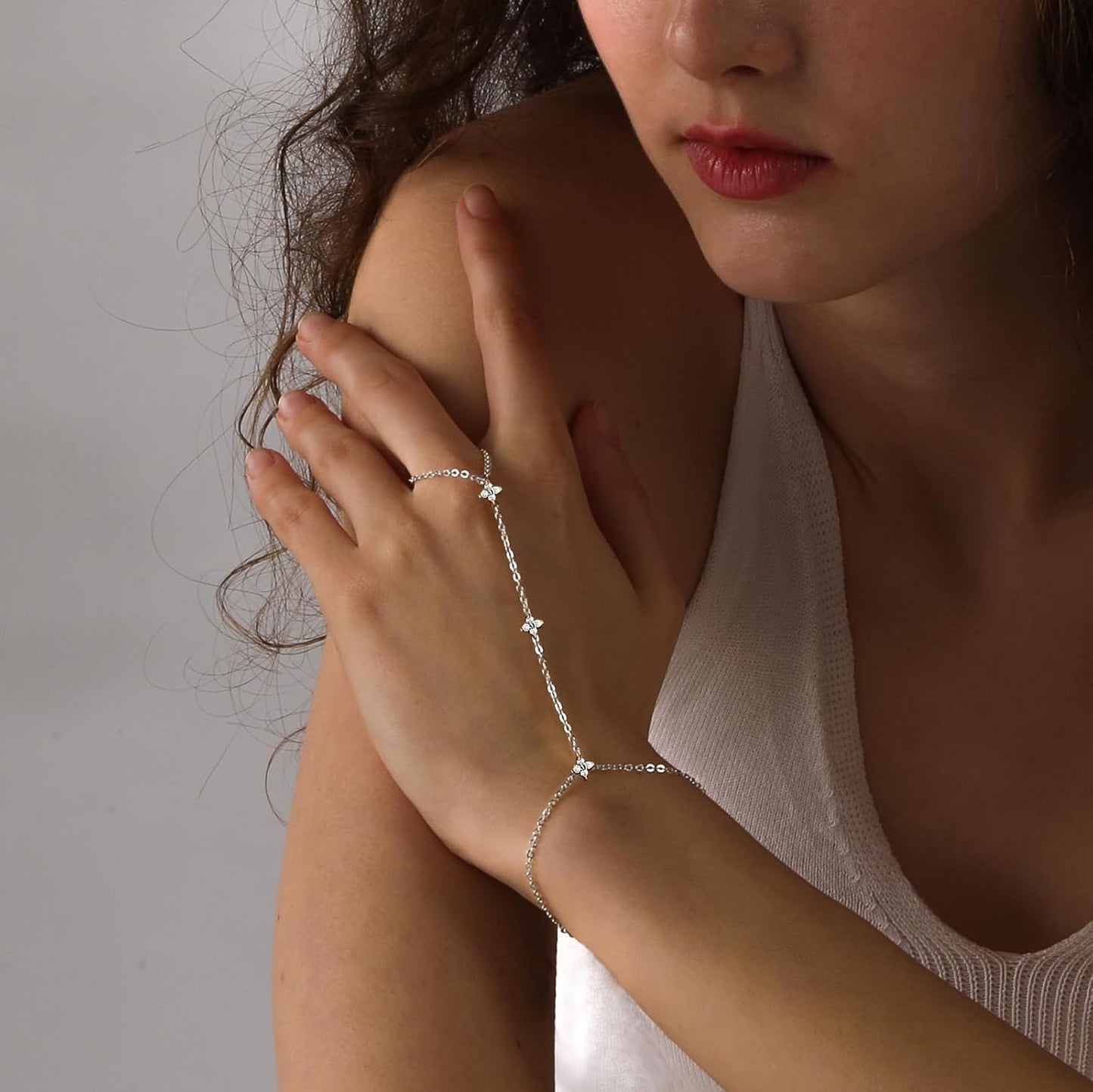 Bracelets for Women 14K Gold Silver Plated Ring Bracelet Hand Chain Dainty Evil Eye Heart Clover Daisy Cubic Zirconia