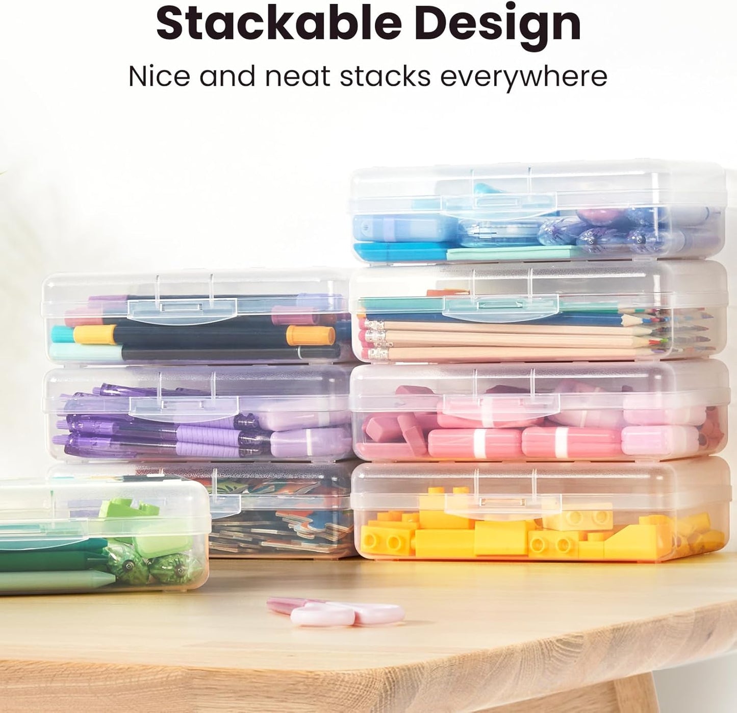 OMOMMD Plastic Pencil Case Box 6 Pack, Large Crayon Maker Pen Organizer, Plastic Containers with Snap Lids, Stackable Craft Storage Boxes Bulk, School Supplies Art Box for Bead, Clear