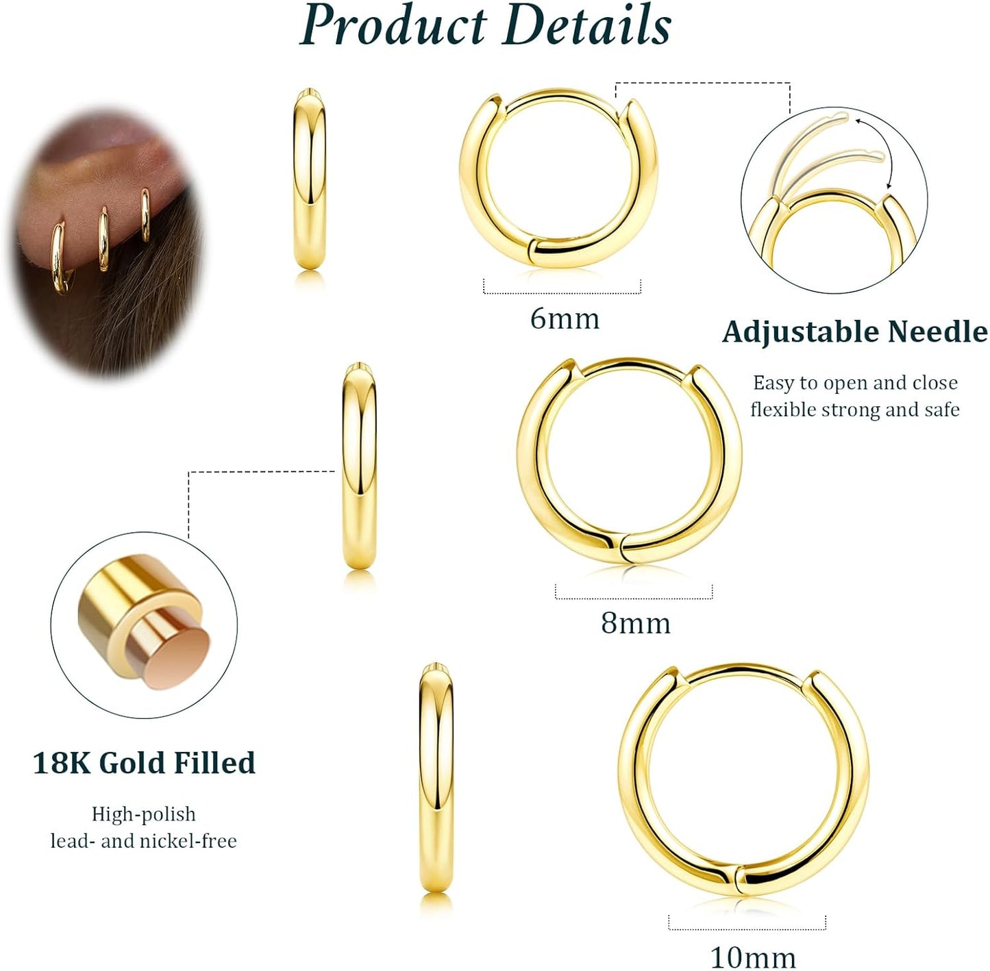 Small Sterling Silver Huggie Hoop Earrings Set for Women, 14K Gold Plated Hoops Stacks for Multiple Piercings