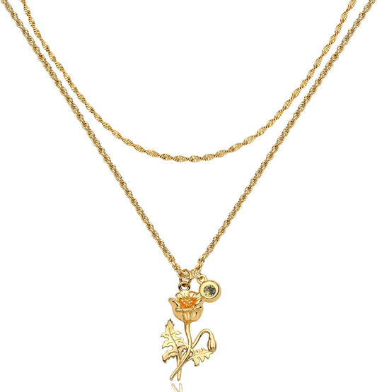 Birth Flower Necklaces for Women 18K Gold Plated Dainty Layered Birth Month Flower with Birthstone Pendant  Personalized Custom Floral Jewelry