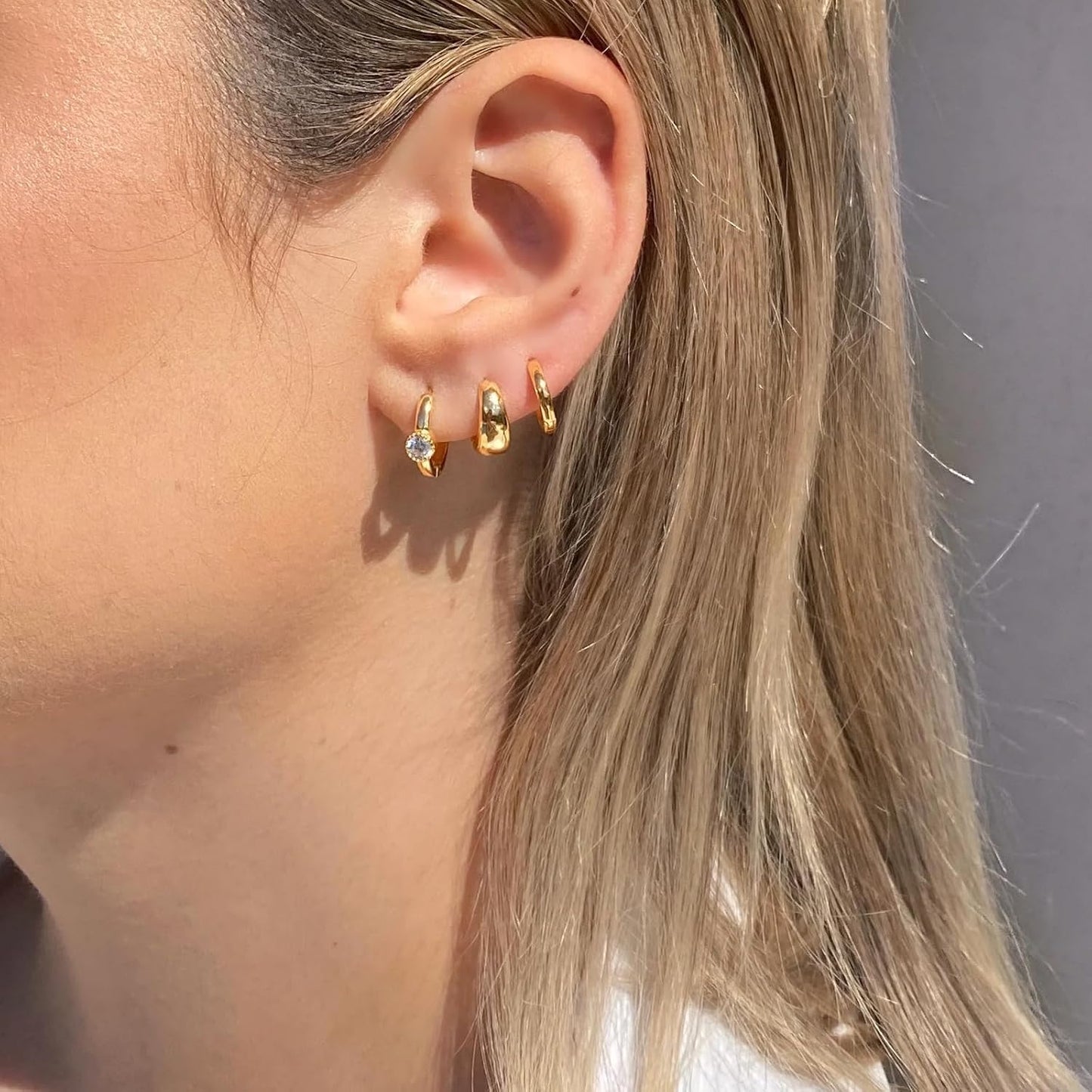 Small Sterling Silver Huggie Hoop Earrings Set for Women, 14K Gold Plated Hoops Stacks for Multiple Piercings