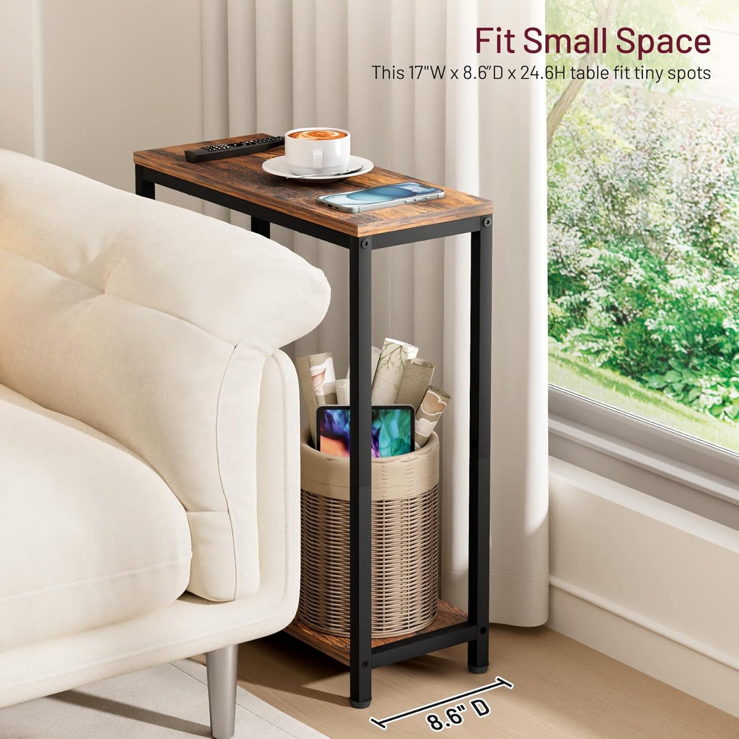 Narrow Small Side Table for Small Space, 2 Tier Sofa Skinny End Table for Living Room, Bedroom