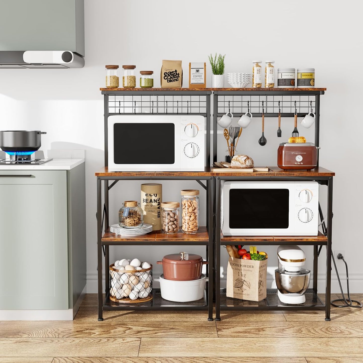 Coffee Bar Station with a 22inch Inch Desktop and 8 S Hooks,Kitchen Microwave Rack for Spices,Pots
