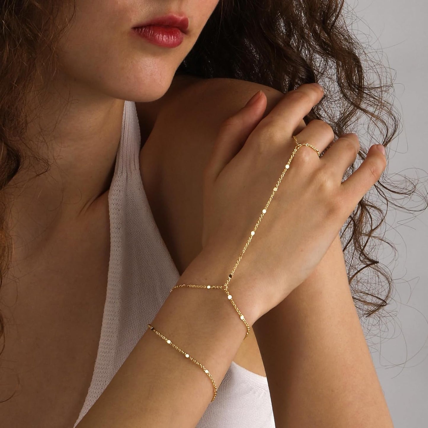 Bracelets for Women 14K Gold Silver Plated Ring Bracelet Hand Chain Dainty Evil Eye Heart Clover