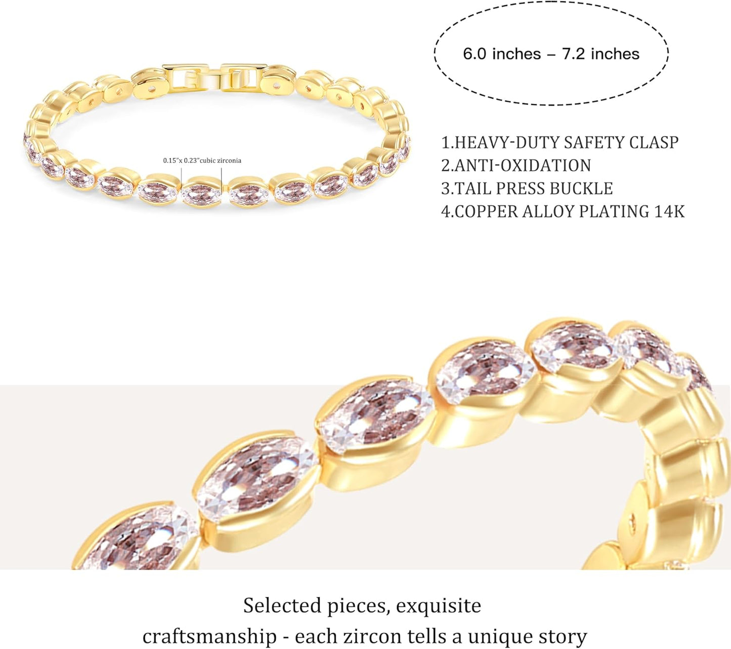 14K Gold Plated Tennis Bracelet for Women – Classic CZ Link Design, Fits 6.0"–7.2" Wrists – Stylish Sparkling Jewelry Gift