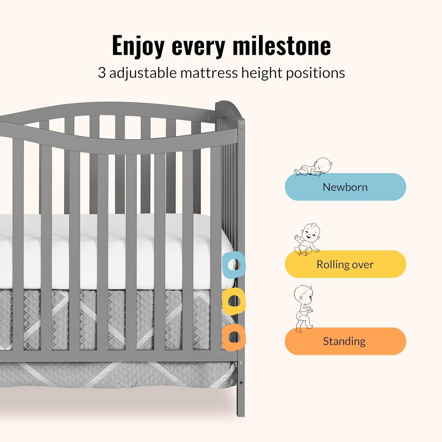 5-in-1 Convertible Full-Size Baby Crib in, Pinewood, 4 Mattress Heights, Converts to Toddler, Day & Full-Size Bed