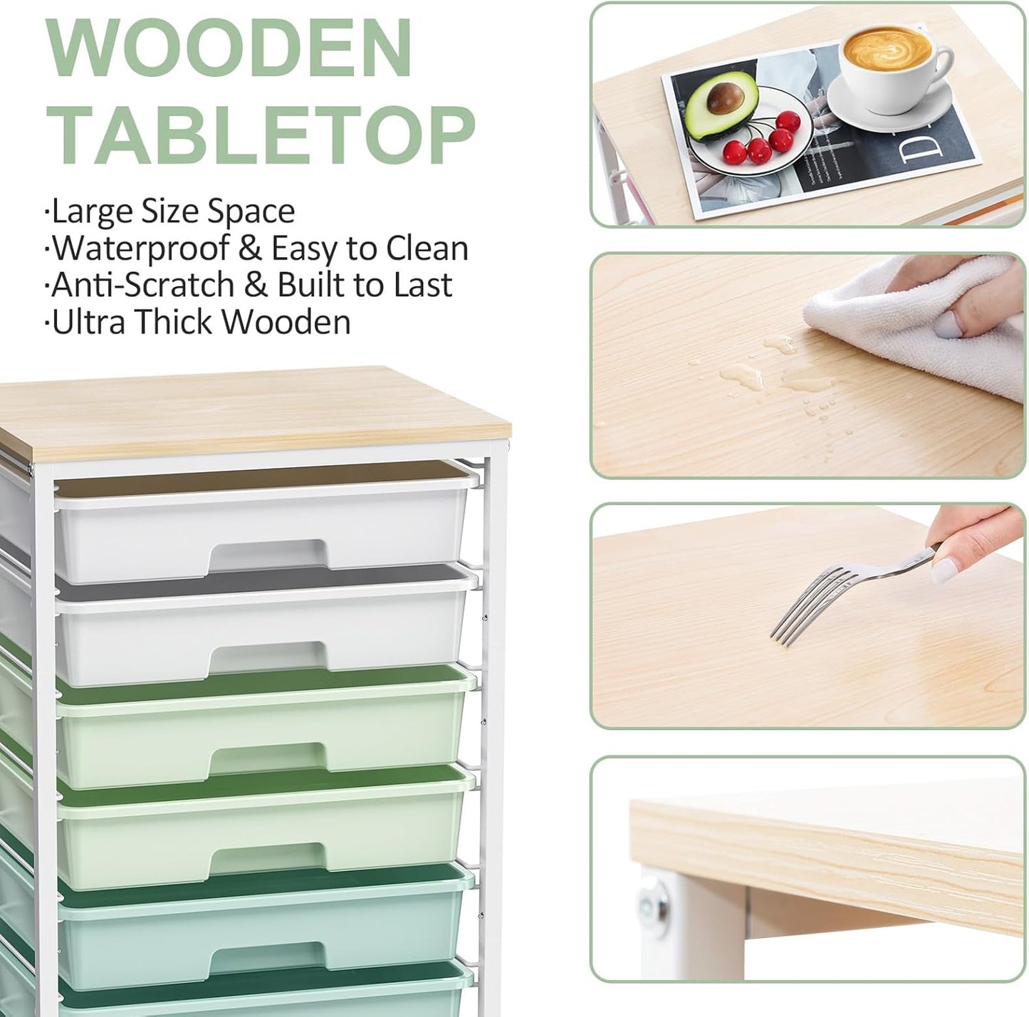 OMOMMD Rolling Storage Utility Cart Organizers with 8 Drawers and Wooden Tabletop for Living Room,Office,Classroom,Craft Room,Bedroom,Dorm,Green