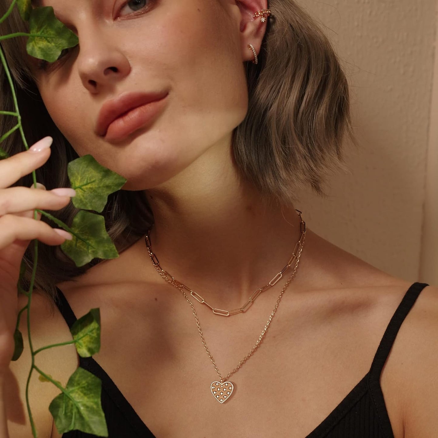 Layered Heart Necklace, Handmade 18K Gold Plated Dainty Choker With Arrow Bar Pendant for Women