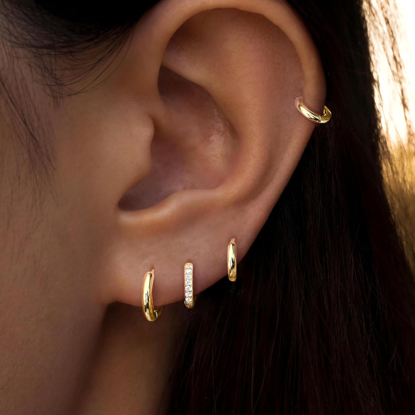 Small Gold Huggie Hoop Earrings Set for Women Men Hypoallergenic 14K Plated Stack Cartilage Earrings, Multiple Piercing