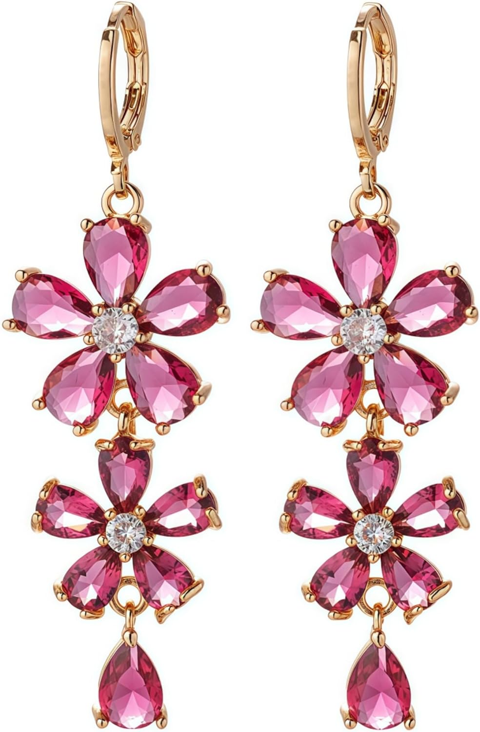 Vuskdtei18K Gold Plated Flower Dangle Earrings for Women, Hypoallergenic Cubic Zirconia Earrings, Elegant Chandelier Drop Earrings