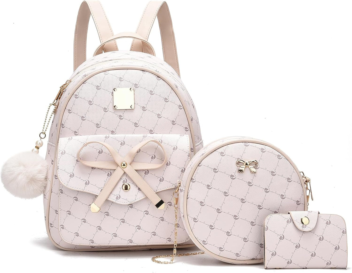 3-Pieces Girls Bowknot Fahsion Leather Backpack Backpack Purse for Women Rucksack