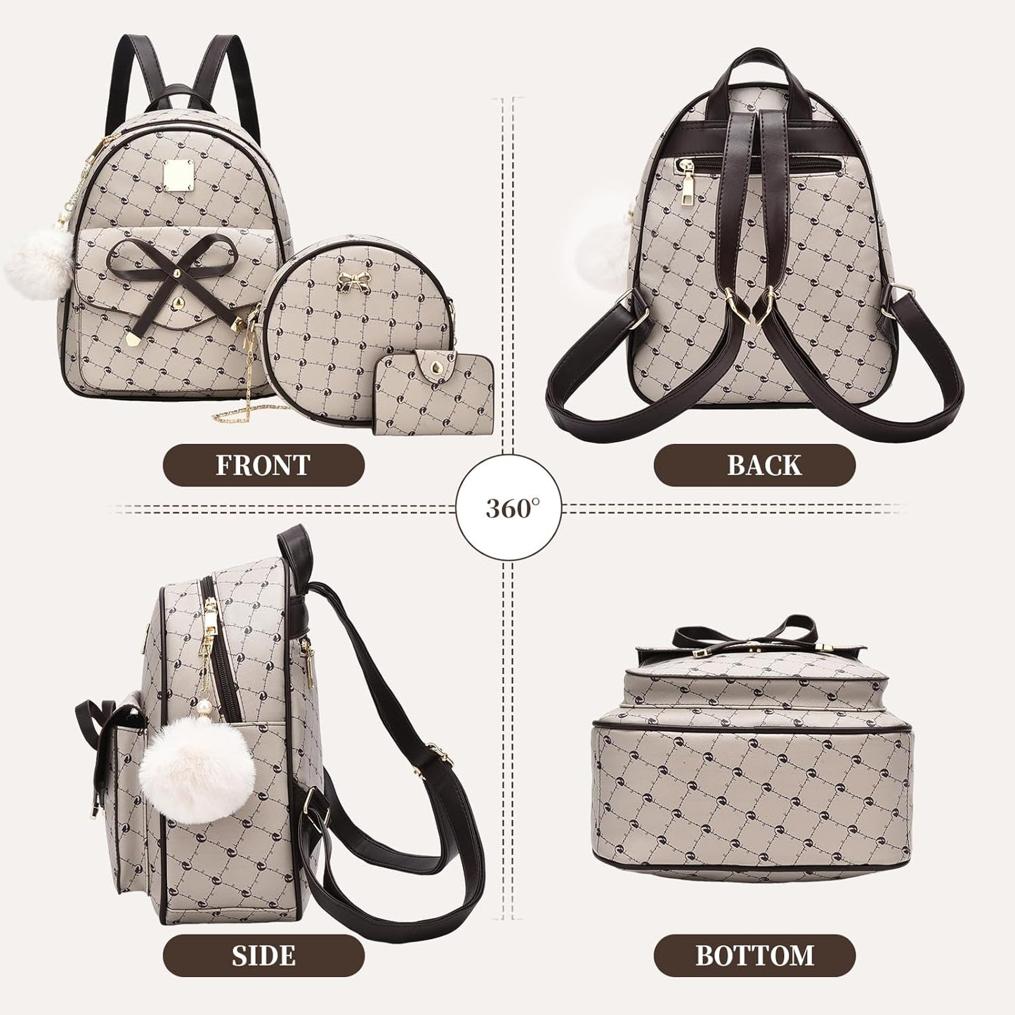 3-Pieces Girls Bowknot Fahsion Leather Backpack Backpack Purse for Women Rucksack