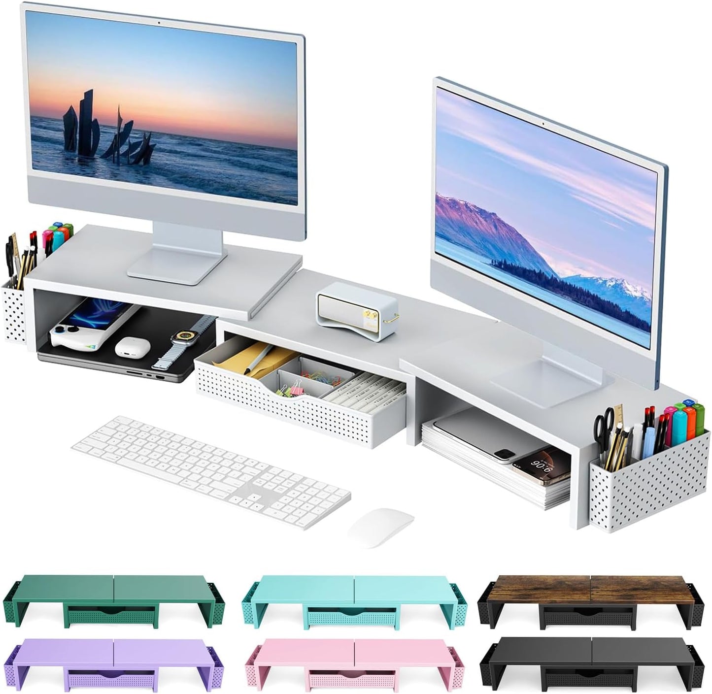 Dual Monitor Stand Riser, Desk Organizer With Drawer and 2 Pen Holders,Shelf for Top of Desk