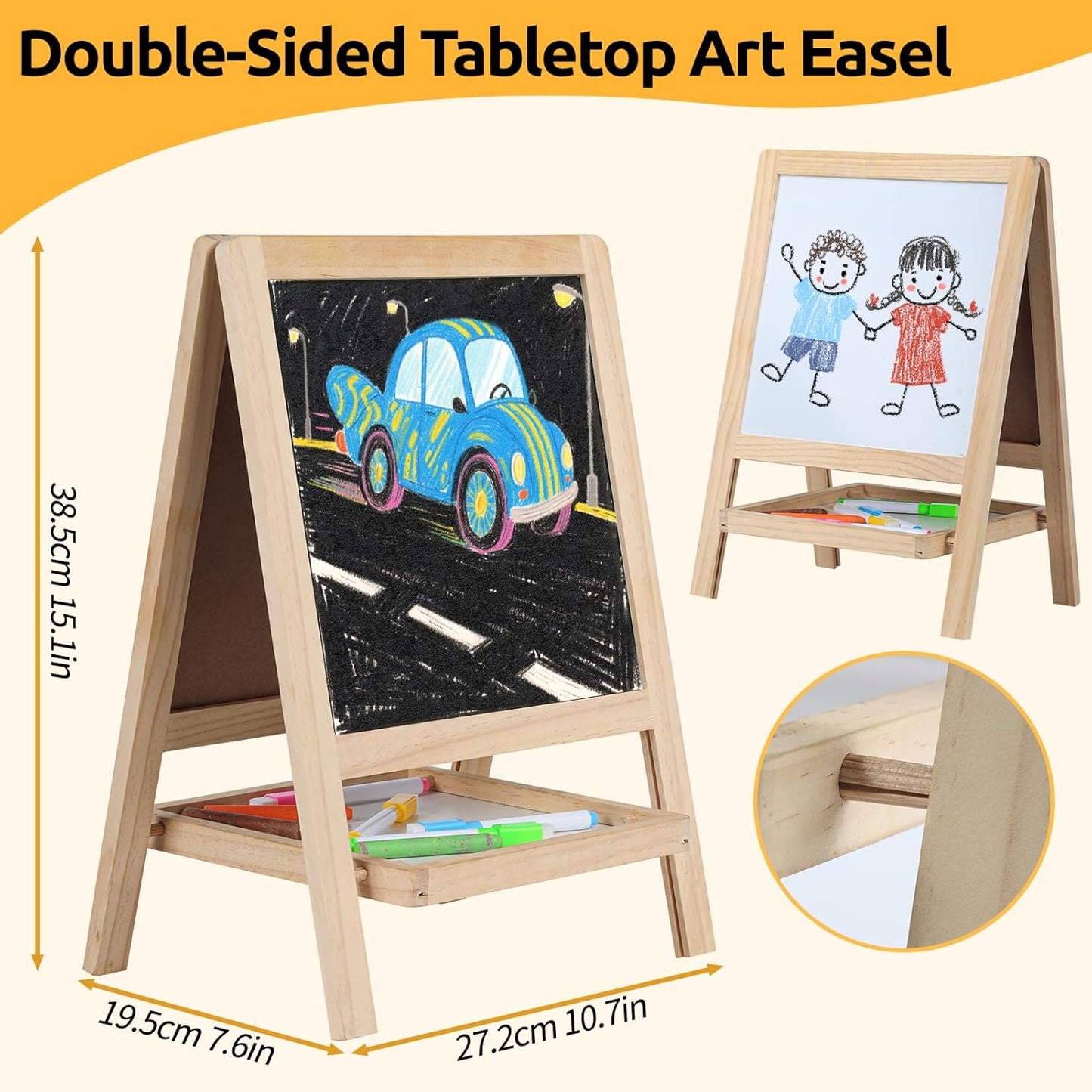 OMOMMD Tabletop Wooden Art Painting Easel for Kids 2-4, Chalkboard & Double-Sided Drawing Whiteboard for Toddlers, 4-in-1 Desk Easel with Magnetic Letters/Numbers & Flashcards Markers, Eraser