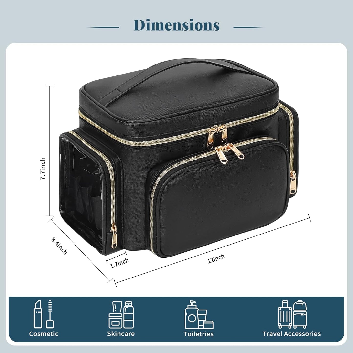 Large Makeup Bag, Organizer for Women Girls with Makeup Brush Compartment & Two Side Pockets