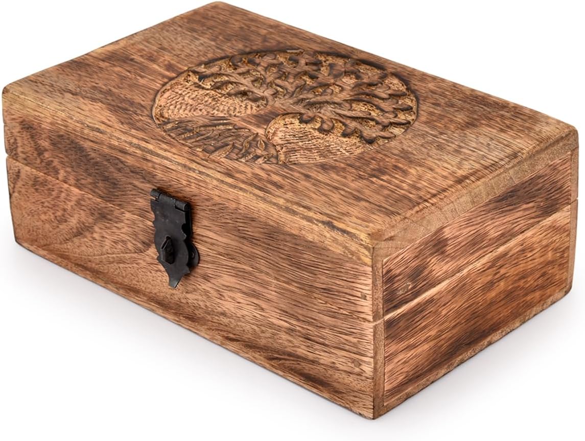 Handmade Mango Wood Tree of Life Engraving Beautifully Keepsake Box Jewellery Organiser Unique Gift Ideas