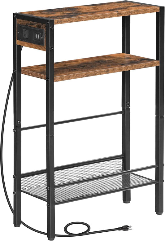Small Narrow Side Table with Charging Station, Slim Nightstand with USB Ports Outlet