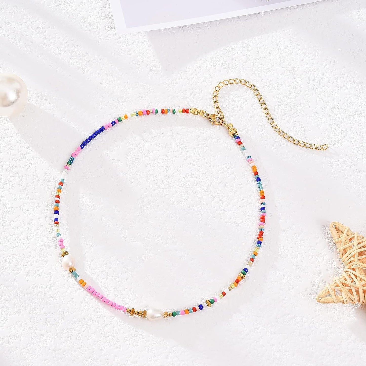 Women & Teens Freshwater Pearl Choker Necklace, Colorful Beaded Evil Eye Pendant 18K Gold Plated Adjustable Y2K Trendy Gift