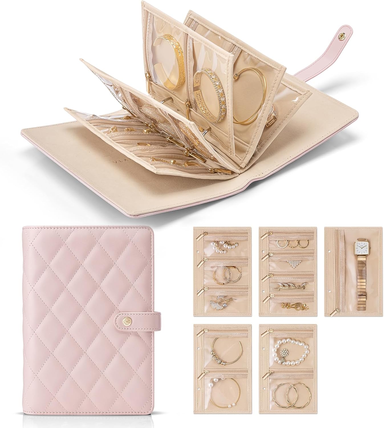 Travel Jewelry Organizer Case,Jewelry Storage Book Ring Binder with Clear Zipper Velvet Pouch Bag